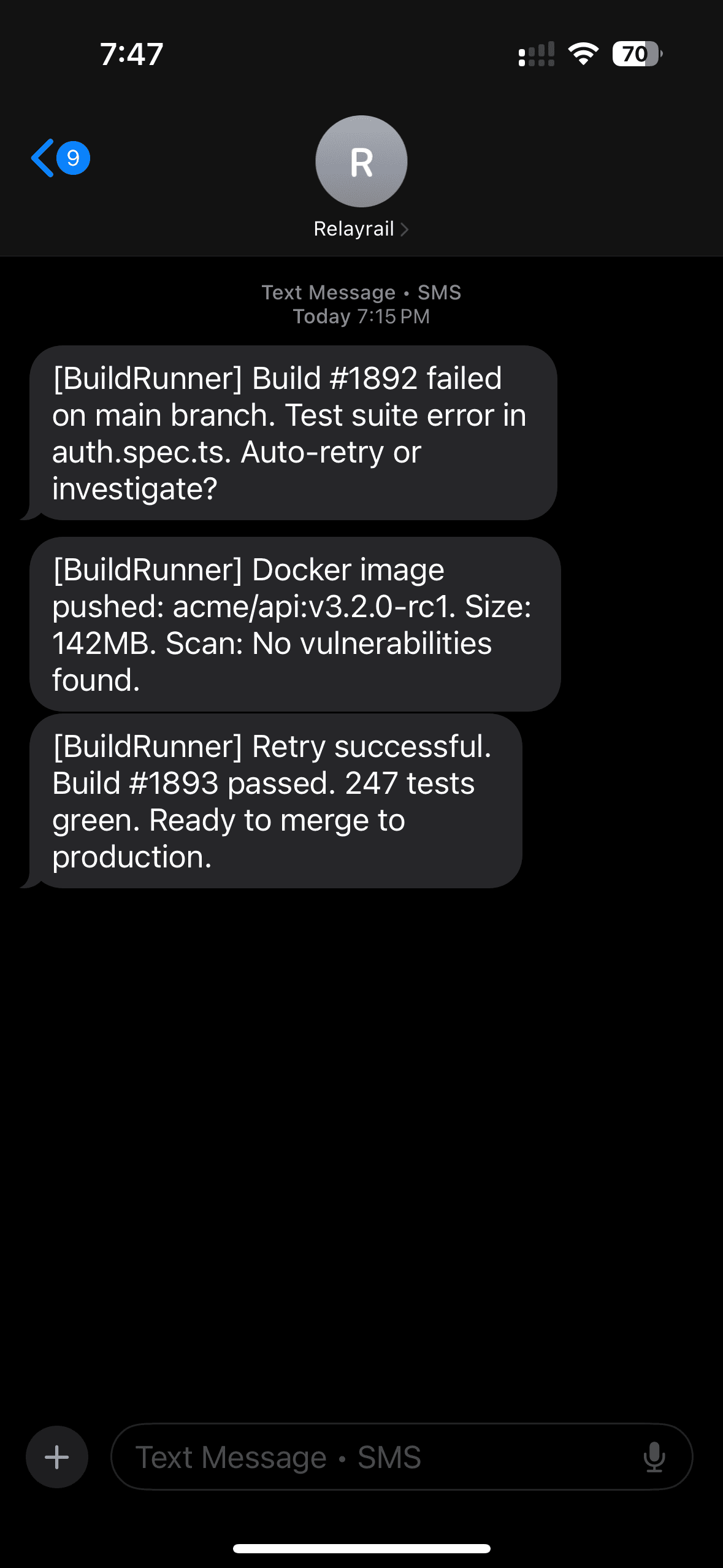 BuildRunner agent SMS conversation