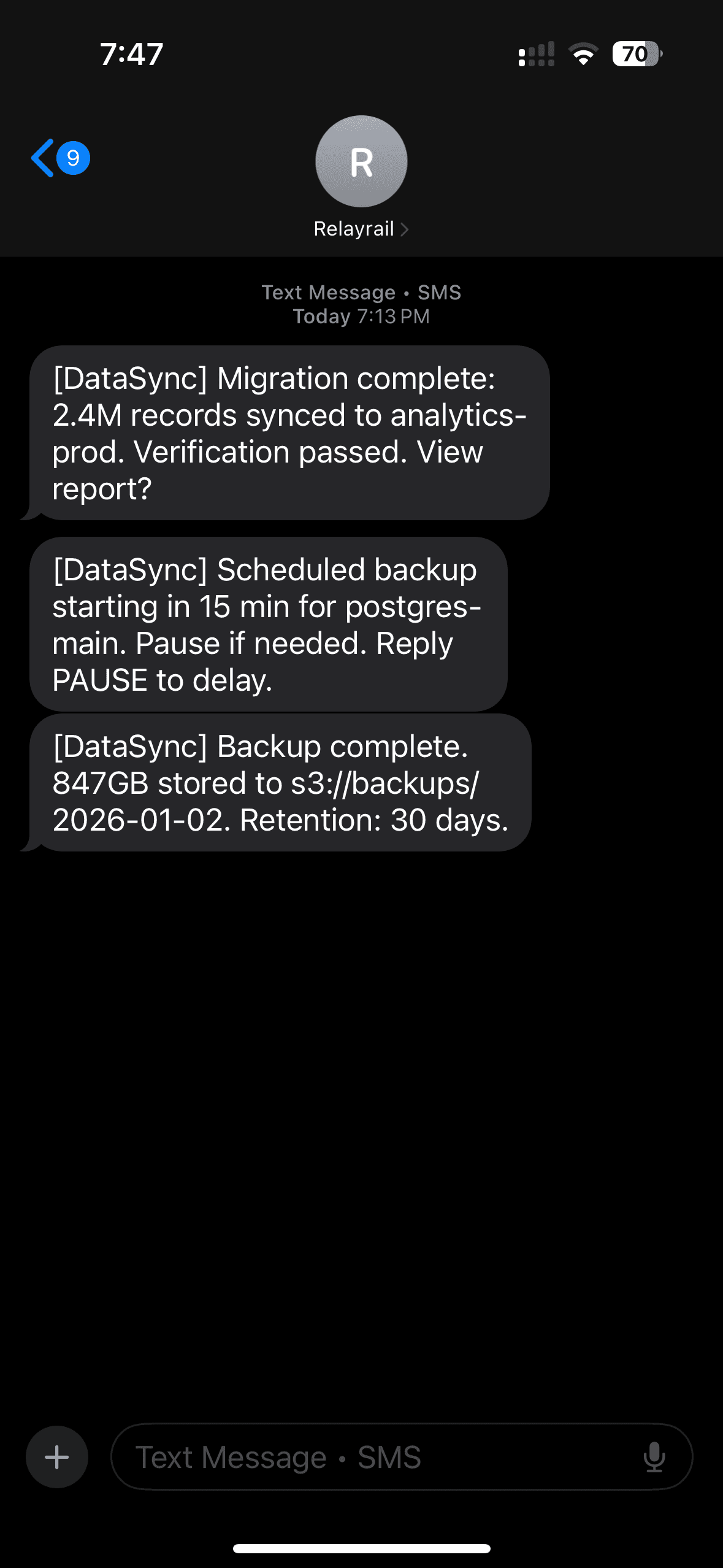 DataSync agent SMS conversation